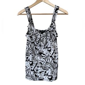 White House Black Market Floral Leaves Black and White Thin Strap Tank Top Small